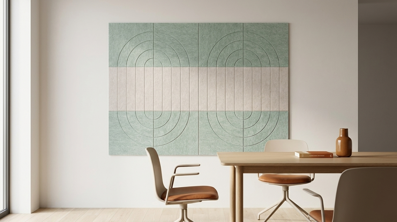 Het middelpunt, akoestische wand van 12 viltpanelen, samen 200 bij 150 cm, in een kantoor