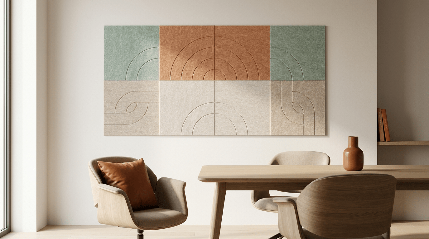 Gentle on little ears: an acoustic wall made of 8 felt panels, totaling 200 by 100 cm, in an office