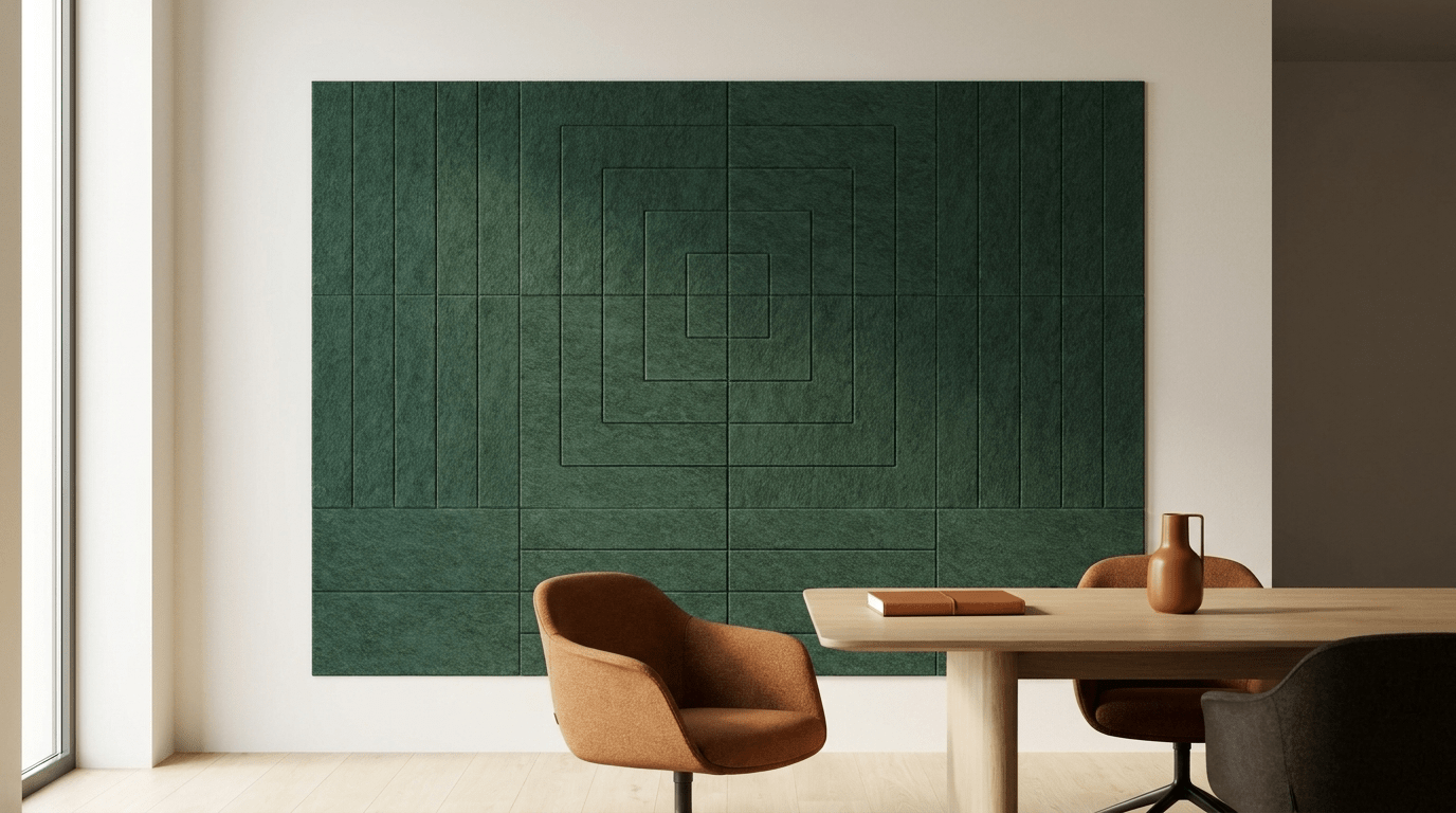 Zachte monoliet, akoestische wand van 12 viltpanelen, samen 200 bij 150 cm, in een kantoor