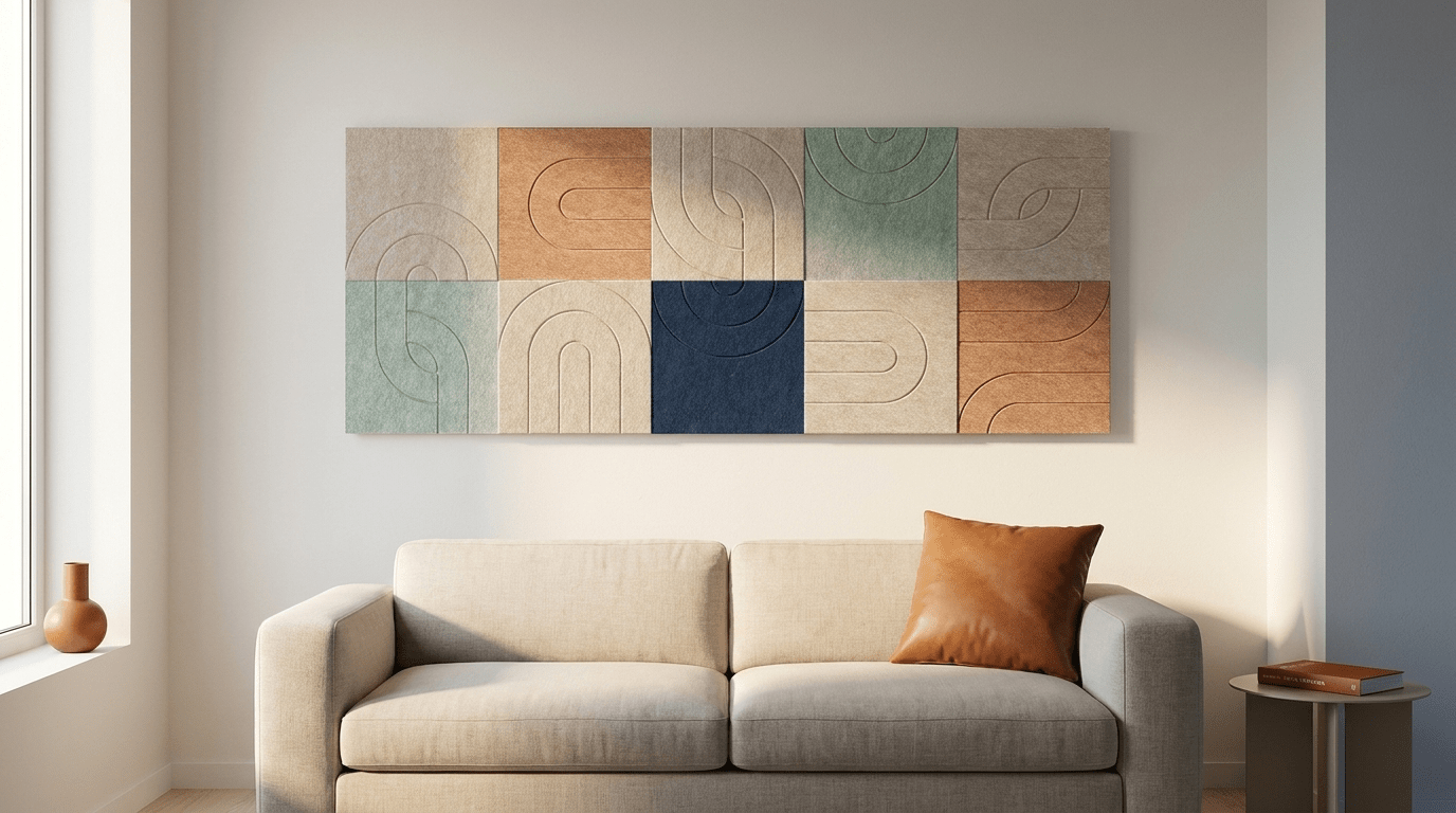 Zestig graden warmer, akoestische wand van 10 viltpanelen, samen 250 bij 100 cm, in een woonkamer