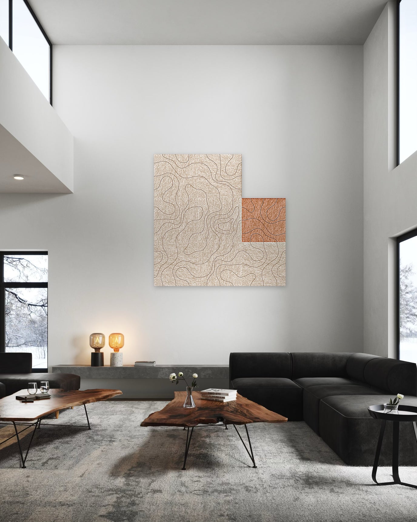 Perfect onaf, akoestische wand van 8 viltpanelen in Wabi-sabi-stijl, 150 x 150 cm