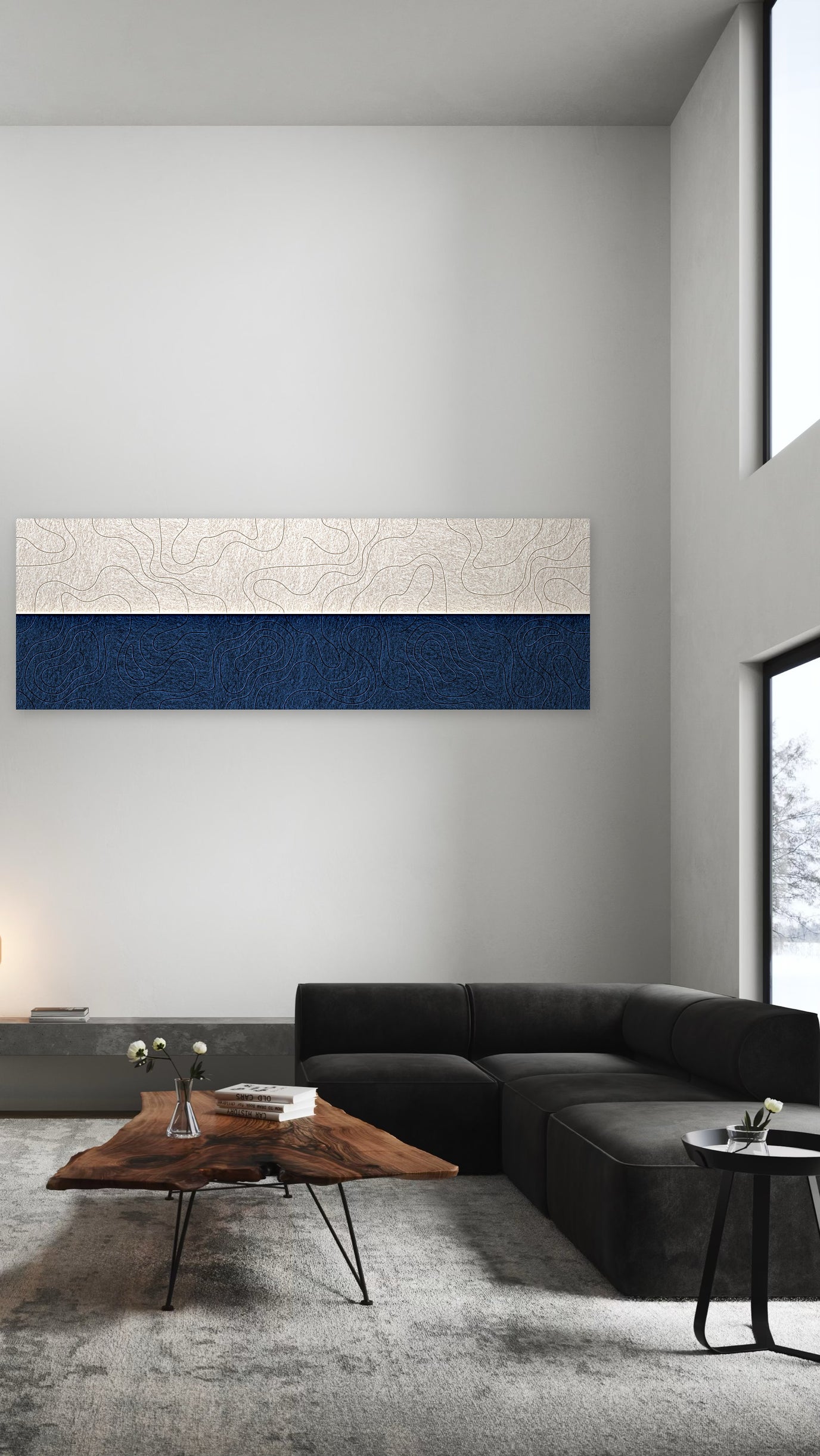 Eb en vloed, akoestische wand van 12 viltpanelen in Coastal-stijl, 300 x 100 cm