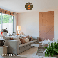 Sadé akoestische wandpanelen SBS6 – woonkamer sfeerbeeld zijaanzicht | Maeven Art