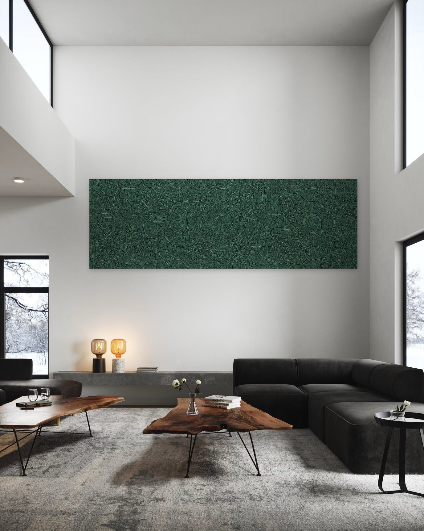 De film klinkt beter op vilt, akoestische wand van 12 viltpanelen in Cinewall-stijl, 300 x 100 cm