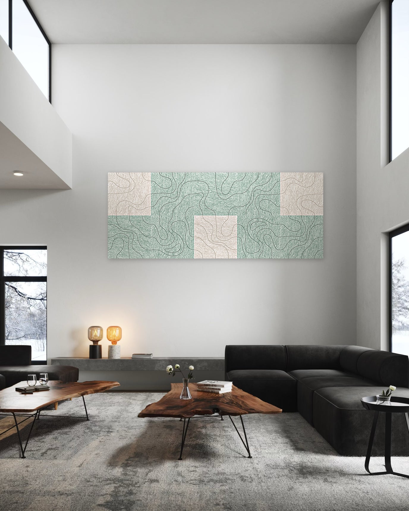 Rust op recept, akoestische wand van 10 viltpanelen in Wachtkamer-stijl, 250 x 100 cm