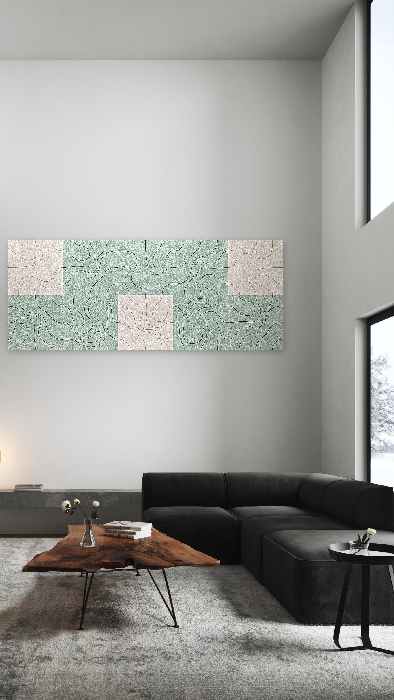 Rust op recept, akoestische wand van 10 viltpanelen in Wachtkamer-stijl, 250 x 100 cm