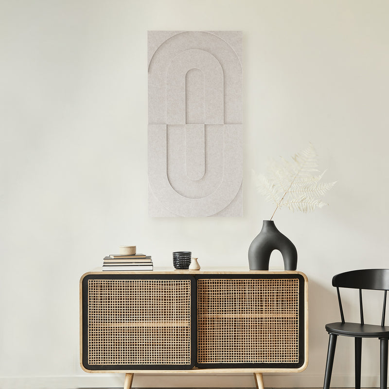 Maya 3D-Akustikwandpaneel in Beige – 3 Japandi-Bögen im Relief – Stimmungsbild