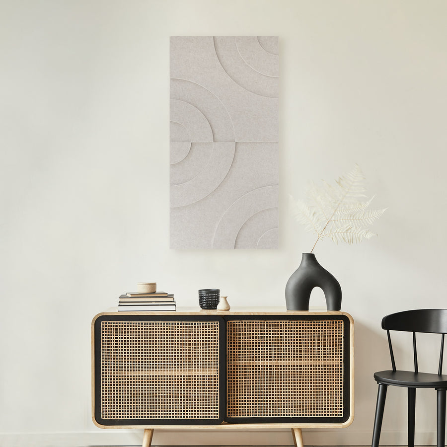 Maya III 3D akoestisch wandpaneel in beige - kwartcirkels in relief - sfeerbeeld