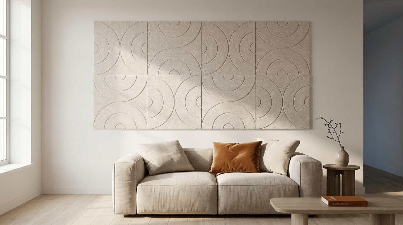 Acht keer dezelfde tegel, akoestische wand van 8 viltpanelen, samen 200 bij 100 cm, in een woonkamer