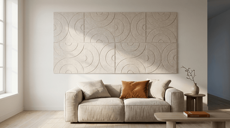 Acht keer dezelfde tegel, akoestische wand van 8 viltpanelen, samen 200 bij 100 cm, in een woonkamer