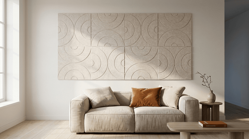 Acht keer dezelfde tegel, akoestische wand van 8 viltpanelen, samen 200 bij 100 cm, in een woonkamer