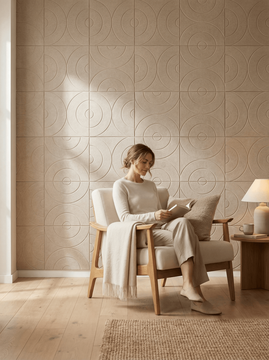 Maya set akoestische viltpanelen in beige - concentrische cirkels compositie - in leeshoek - handgemaakt PET-vilt