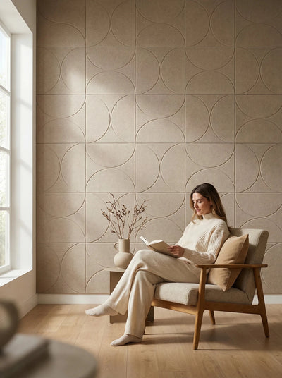 Sade-Set aus akustischen Filzplatten in Beige – Kreise und Halbkreise – in der Leseecke – handgefertigt aus PET-Filz