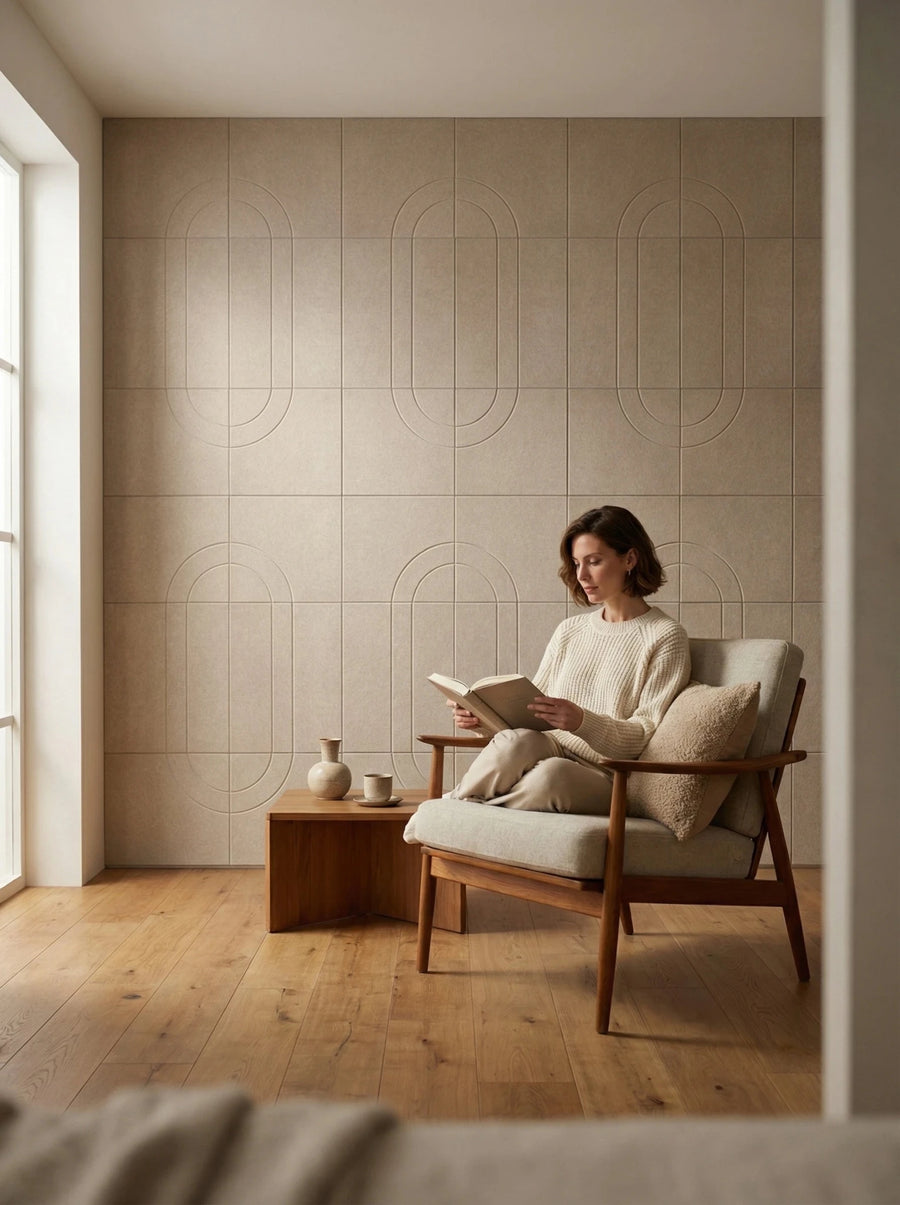 Loa-Set aus akustischen Filzplatten in Beige – Komposition aus gespiegelten Bögen – für die Leseecke – handgefertigt aus PET-Filz