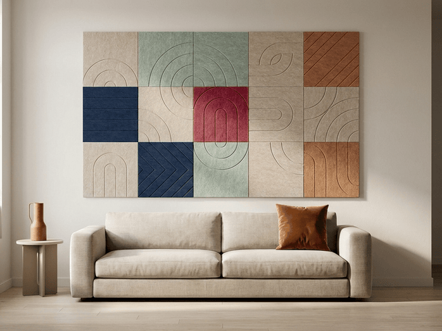 Alles sluit aan, akoestische wand van 15 viltpanelen, samen 250 bij 150 cm, in een woonkamer