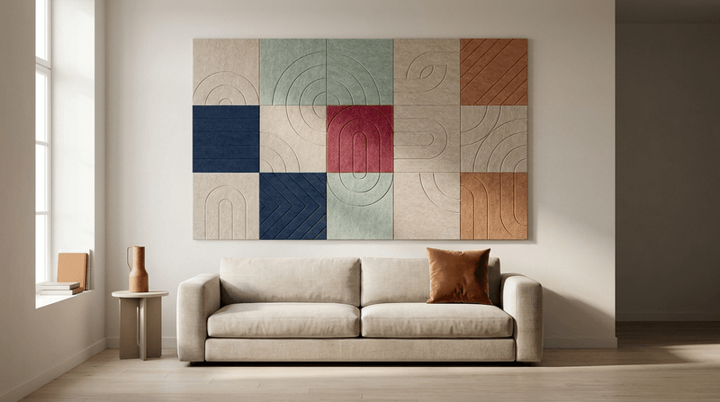 Alles sluit aan, akoestische wand van 15 viltpanelen, samen 250 bij 150 cm, in een woonkamer