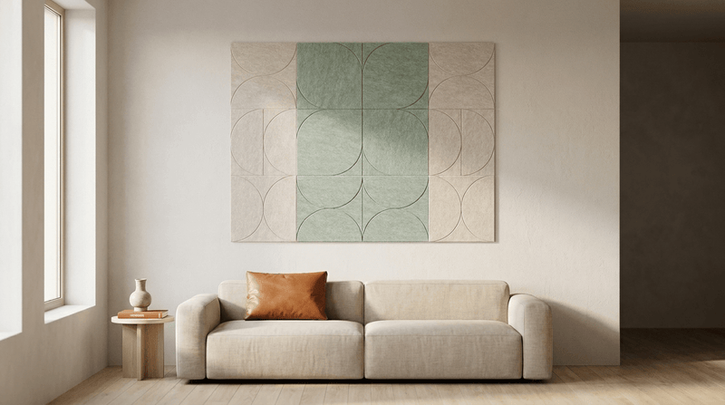 Azulejo, landinwaarts, akoestische wand van 12 viltpanelen, samen 200 bij 150 cm, in een woonkamer