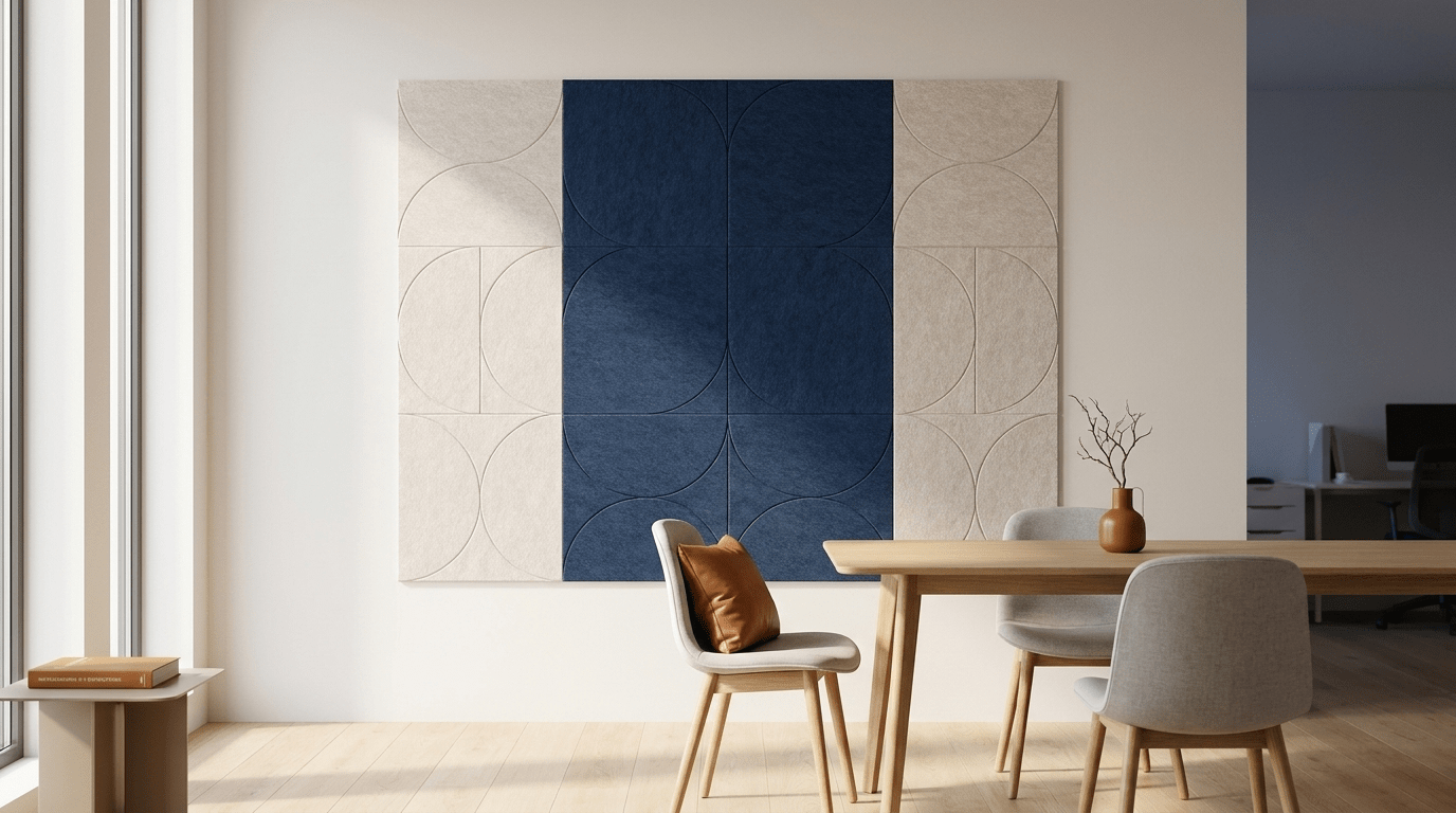 Azulejo van de Noordzee, akoestische wand van 12 viltpanelen, samen 200 bij 150 cm, in een kantoor