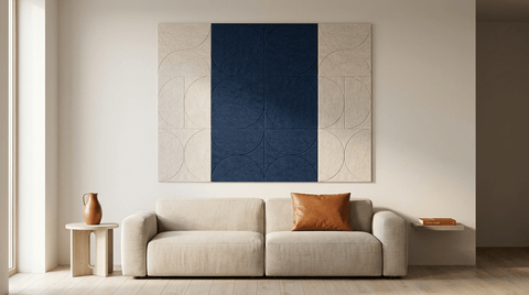 "Azulejo of the North Sea," an acoustic wall made of 12 felt panels, measuring a total of 200 by 150 cm, in a living room