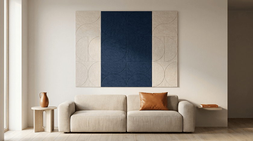 Azulejo van de Noordzee, akoestische wand van 12 viltpanelen, samen 200 bij 150 cm, in een woonkamer
