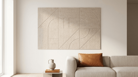 Bijna niets, precies genoeg, akoestische wand van 6 viltpanelen, samen 150 bij 100 cm, in een woonkamer