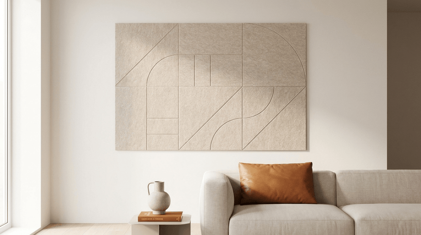 Bijna niets, precies genoeg, akoestische wand van 6 viltpanelen, samen 150 bij 100 cm, in een woonkamer