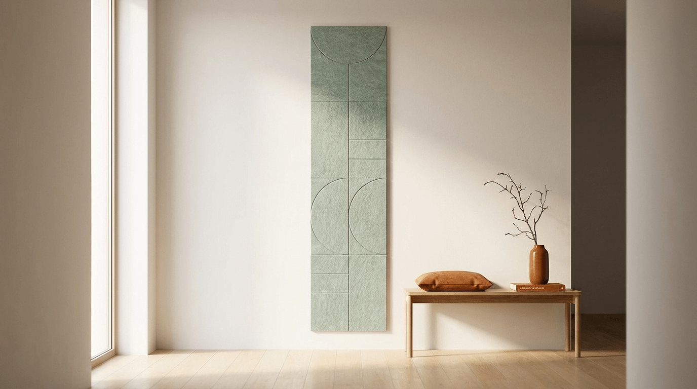 Binnenkomen in stilte, akoestische wand van 4 viltpanelen, samen 50 bij 200 cm, in een hal