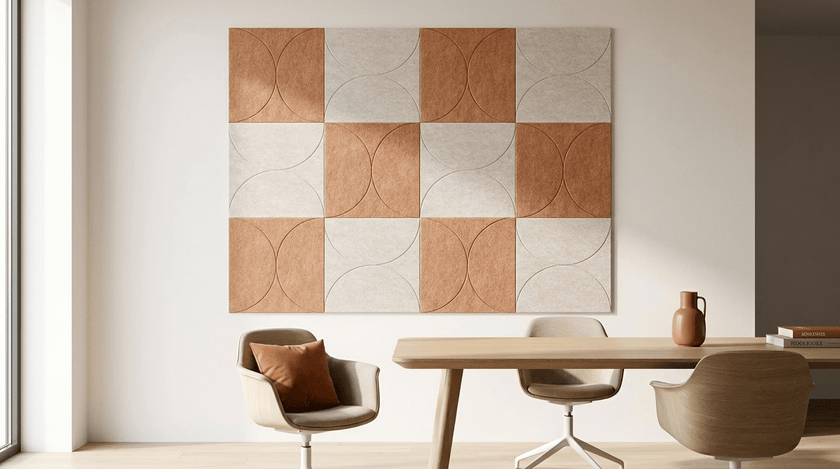 Binnenplaats van vilt, akoestische wand van 12 viltpanelen, samen 200 bij 150 cm, in een kantoor