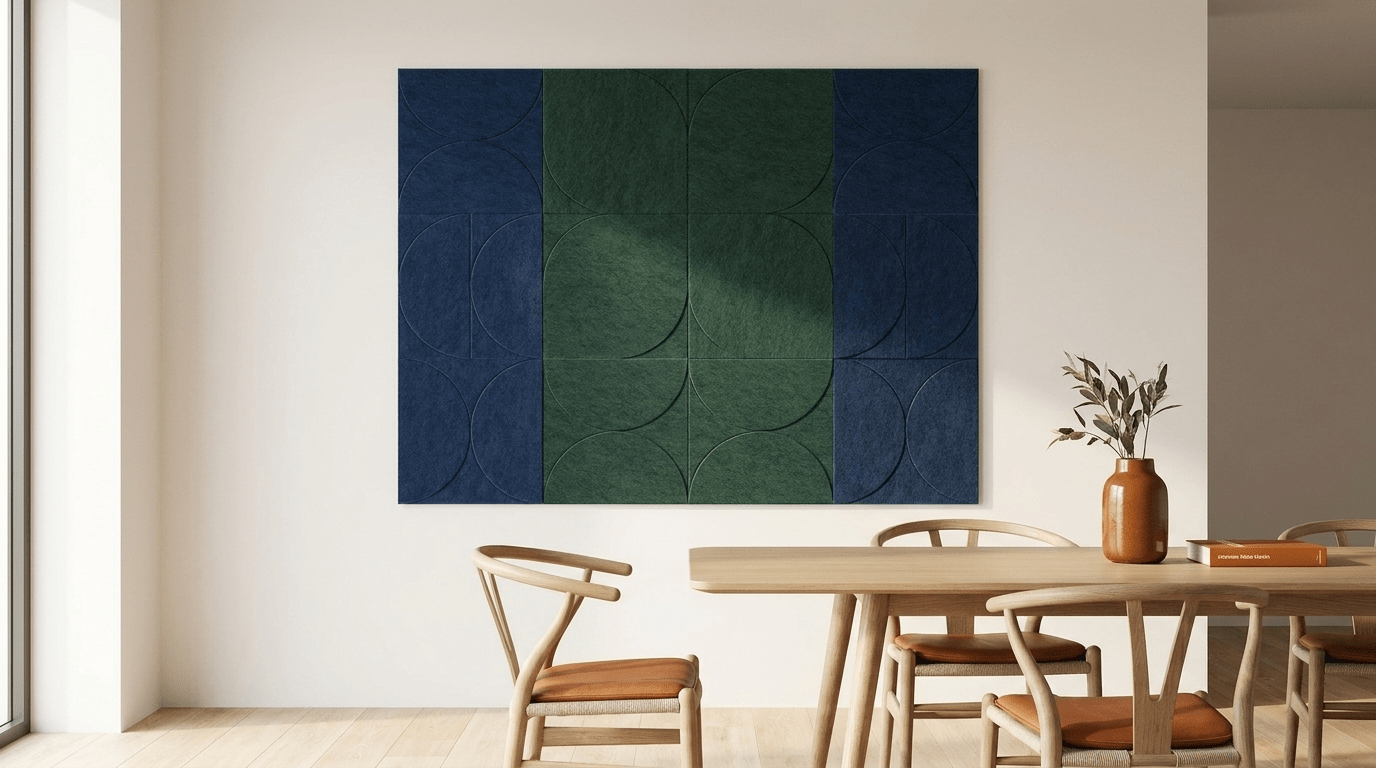 Blauw op groen, na twaalven, akoestische wand van 12 viltpanelen, samen 200 bij 150 cm, in een kantoor