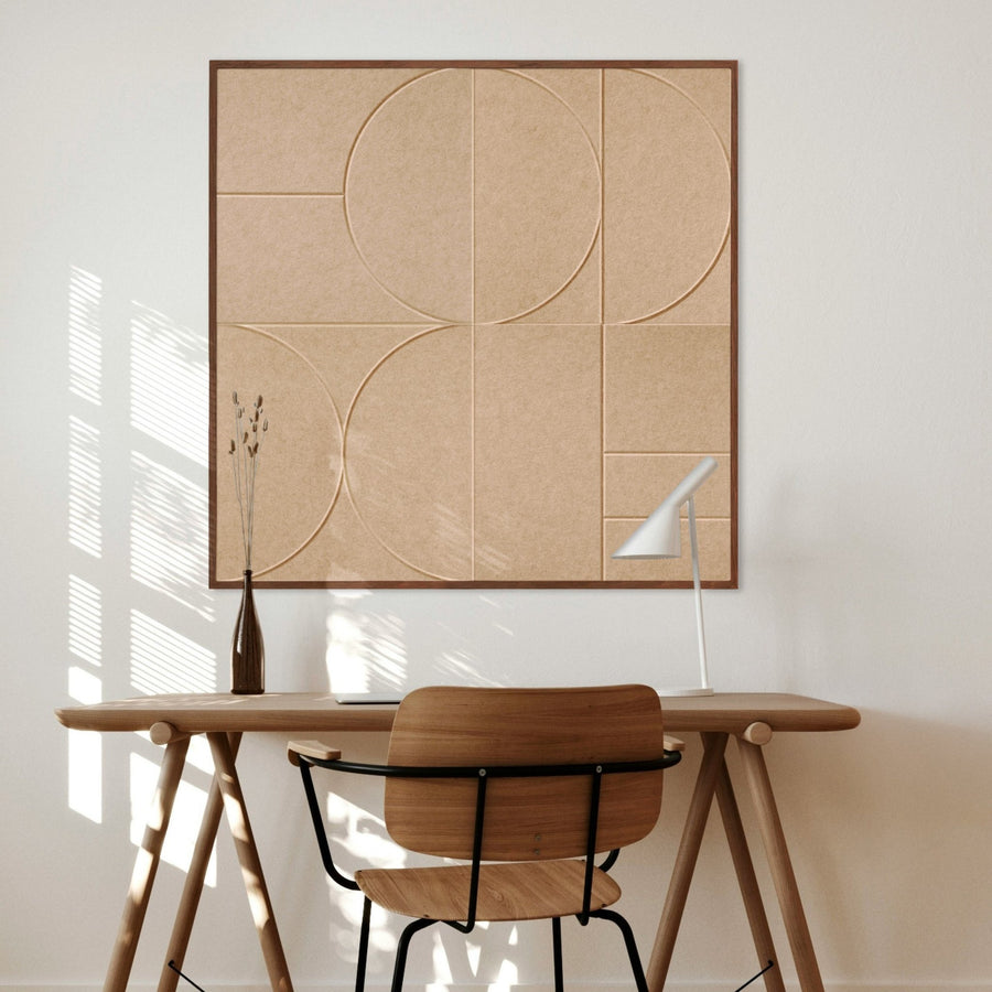 Clay Rhythm Acoustic wall art sand - circles and arches - in the home office above the desk - 100x100cm