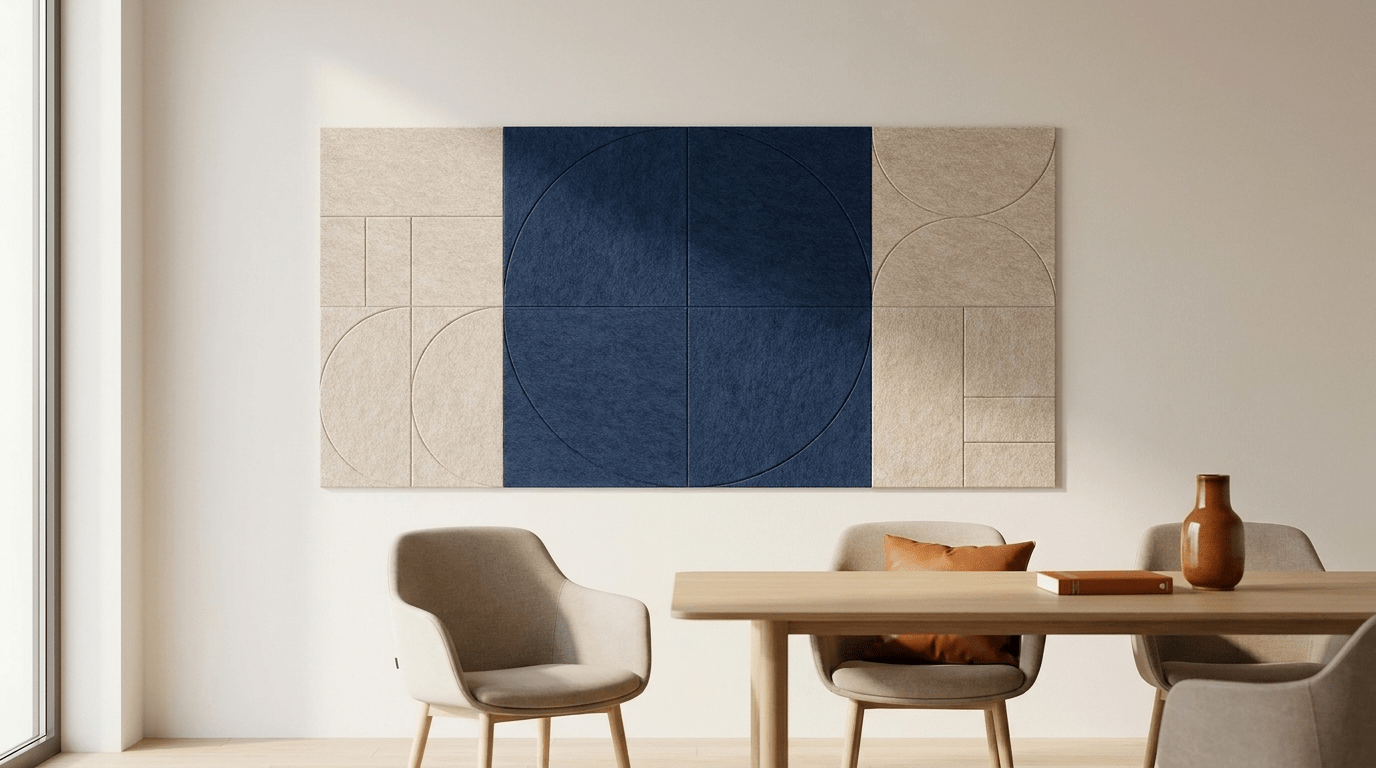 De enso, in inkt, akoestische wand van 8 viltpanelen, samen 200 bij 100 cm, in een kantoor