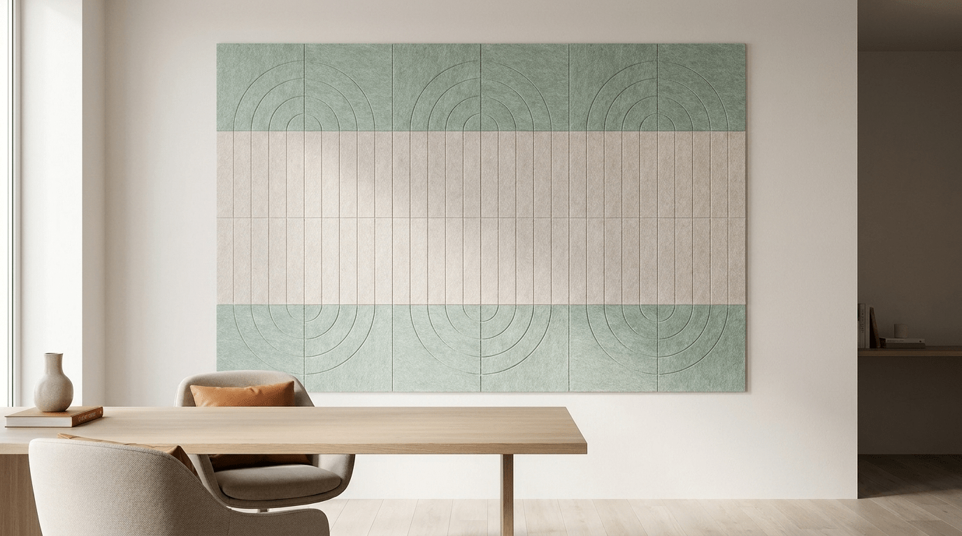 De hele wand, akoestische wand van 24 viltpanelen, samen 300 bij 200 cm, in een kantoor