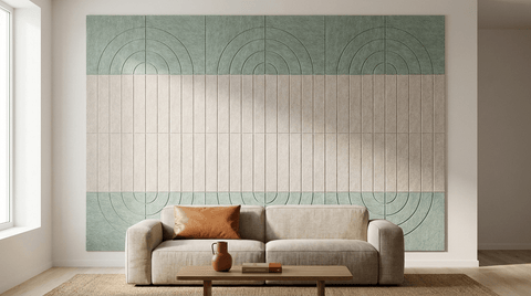 The entire wall—an acoustic wall made up of 24 felt panels, measuring a total of 300 by 200 cm—in a living room