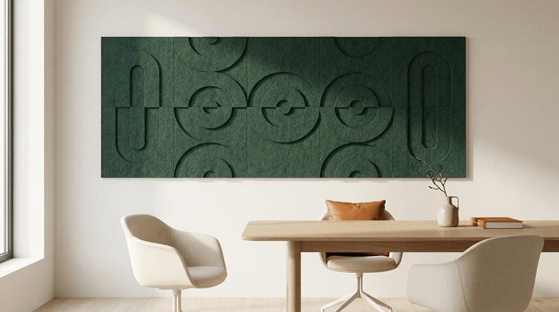 De suite, in flessengroen, akoestische wand van 5 Maya 3D-sets van elk twee panelen, samen 250 bij 100 cm, in een kantoor