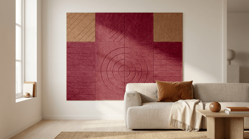 De waaier, in bordeaux, akoestische wand van 12 viltpanelen, samen 200 bij 150 cm, in een woonkamer