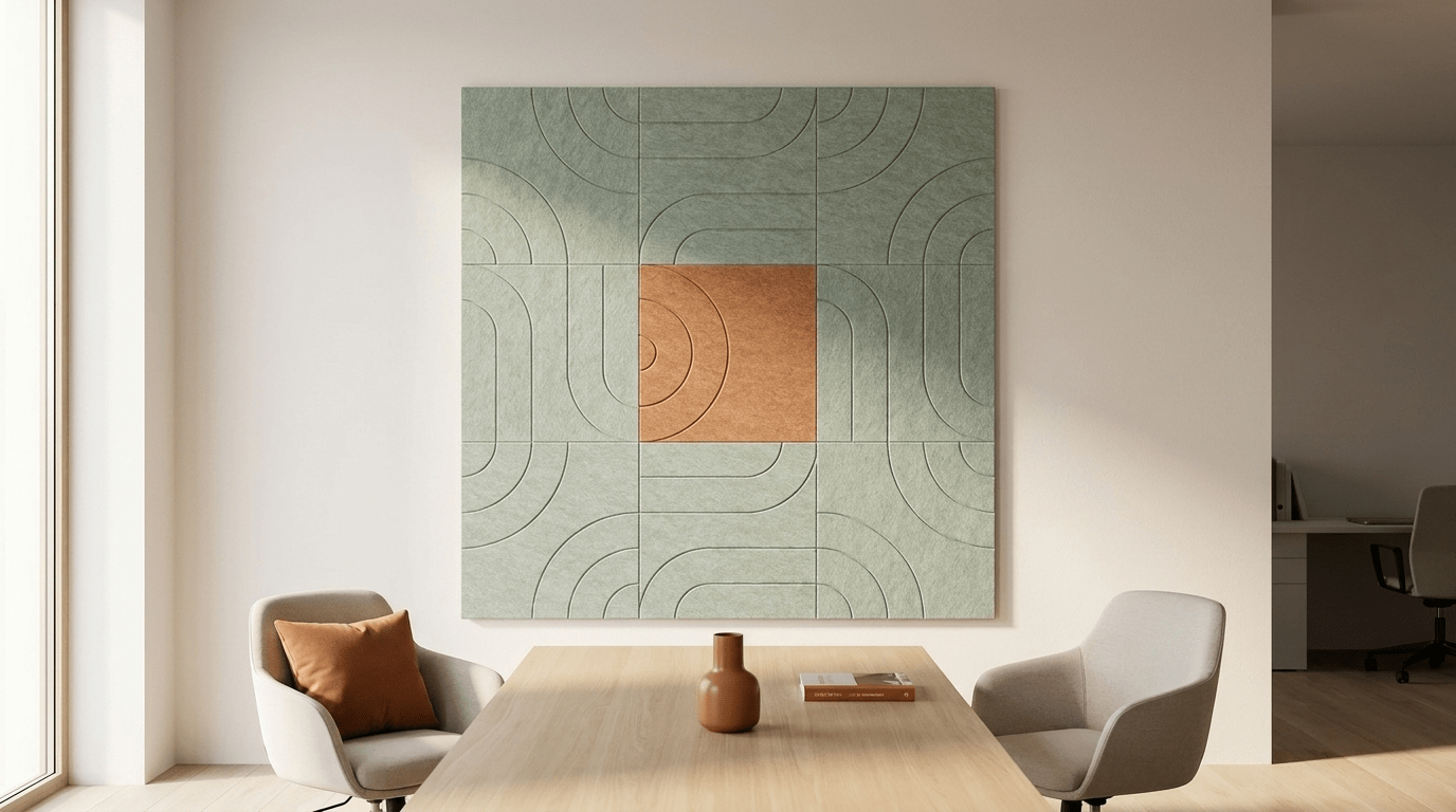 De zweepslag in vilt, akoestische wand van 9 viltpanelen, samen 150 bij 150 cm, in een kantoor