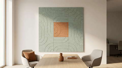De zweepslag in vilt, akoestische wand van 9 viltpanelen, samen 150 bij 150 cm, in een kantoor