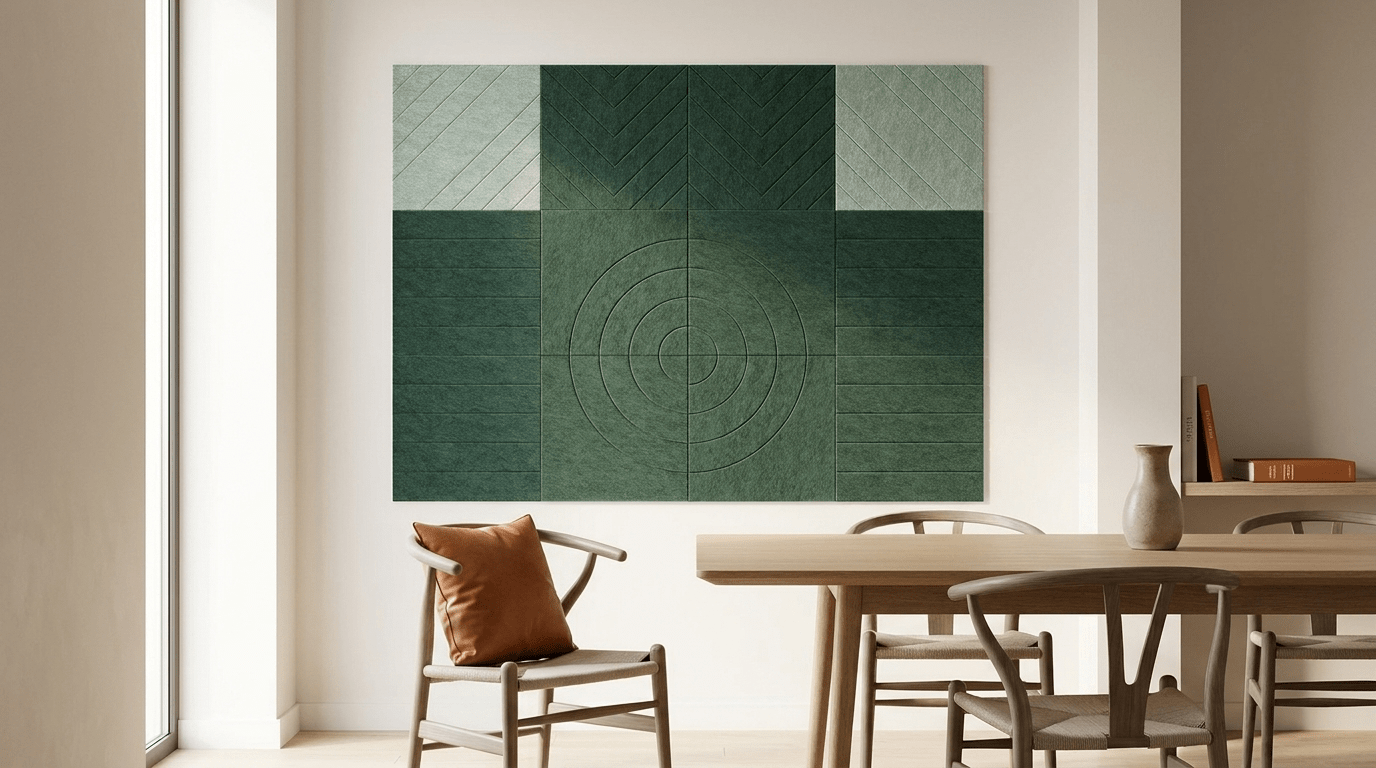Deco in twee tinten groen, akoestische wand van 12 viltpanelen, samen 200 bij 150 cm, in een kantoor