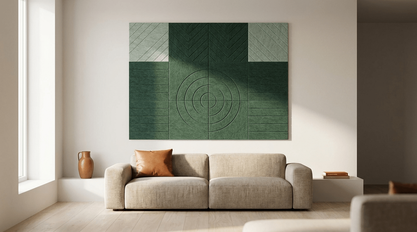Deco in twee tinten groen, akoestische wand van 12 viltpanelen, samen 200 bij 150 cm, in een woonkamer