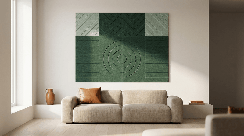 Deco in twee tinten groen, akoestische wand van 12 viltpanelen, samen 200 bij 150 cm, in een woonkamer