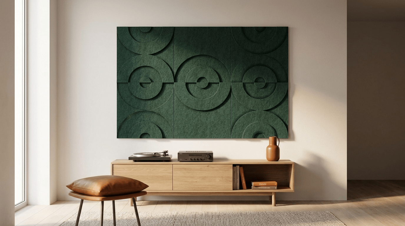 Drie stille speakers, akoestische wand van 3 Maya 3D-sets van elk twee panelen, samen 150 bij 100 cm, in een muziekhoek