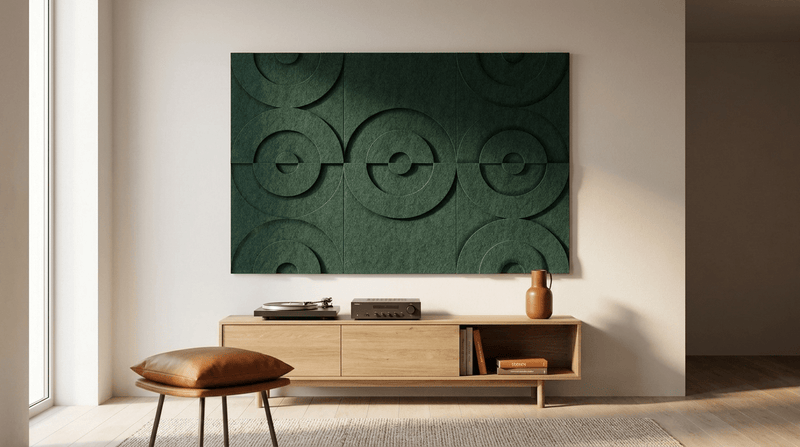 Drie stille speakers, akoestische wand van 3 Maya 3D-sets van elk twee panelen, samen 150 bij 100 cm, in een muziekhoek