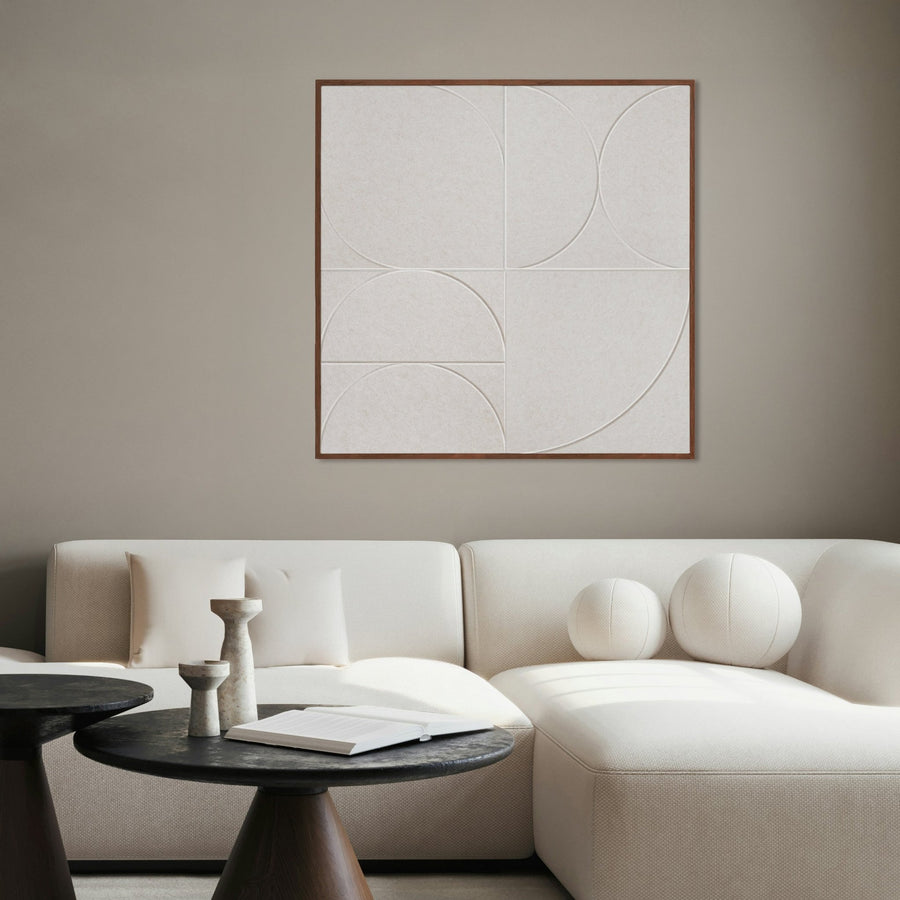 Forest Reverie akoestisch schilderij in beige - cirkels en bogen - in woonkamer boven witte bank - 100x100cm