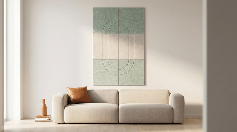 Het gebaar, akoestische wand van 6 viltpanelen, samen 100 bij 150 cm, in een woonkamer