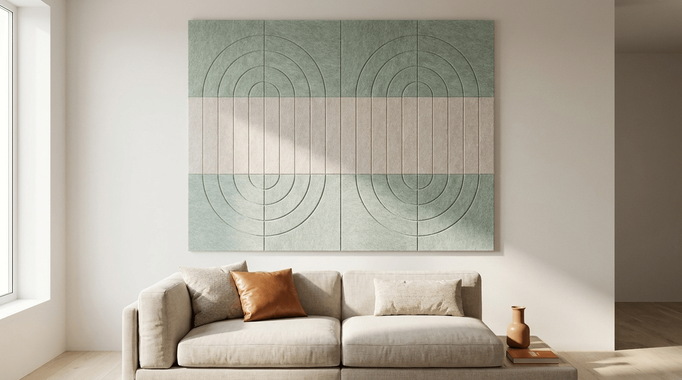 Het middelpunt, akoestische wand van 12 viltpanelen, samen 200 bij 150 cm, in een woonkamer