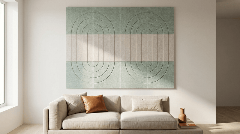 Het middelpunt, akoestische wand van 12 viltpanelen, samen 200 bij 150 cm, in een woonkamer