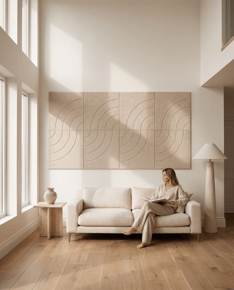 Loa I akoestische kunst in zand als sfeervolle wand in een woonkamer
