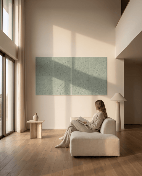 Loa I akoestische kunst in saliegroen als sfeervolle wand in een woonkamer