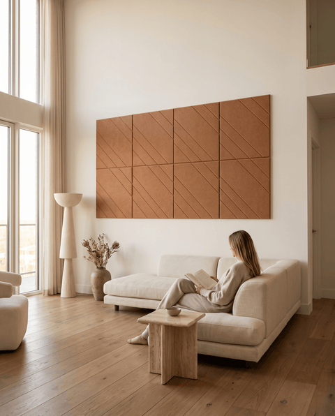 Loa II akoestische kunst in cognac als sfeervolle wand in een woonkamer