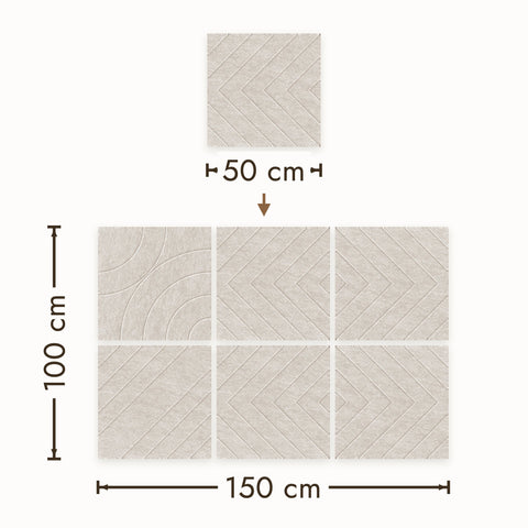 Akoestische wandpanelen uit de Loa-serie op schaal in een ruimte, PET-vilt in beige